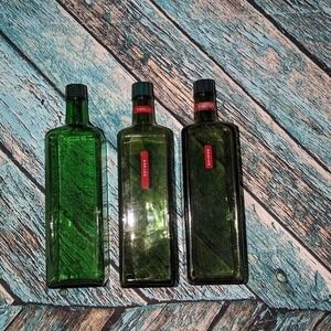 Vintage MCM Green Glass Liquor Bottles‎ Set of 3 Travel Bar Decanters Whiskey